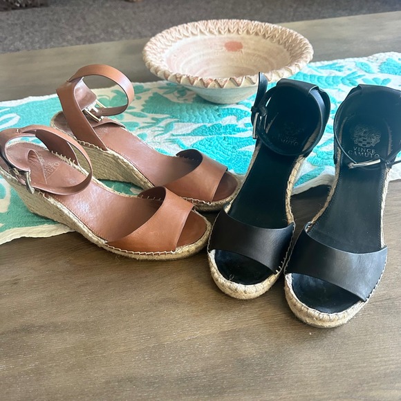 Vince Camuto Leather Espadrille Wedge Sandals Bundle Lot Black Tan 2 Pairs 9.5 - Picture 3 of 11
